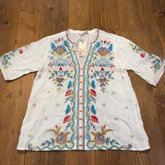 Johnny Was Tops - Johnny Was Arzella Easy V Neck Tunic Medium Floral Embroidery Boho Ramie NWT